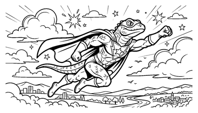 Flying Lizard Superhero Over a City coloring page to print