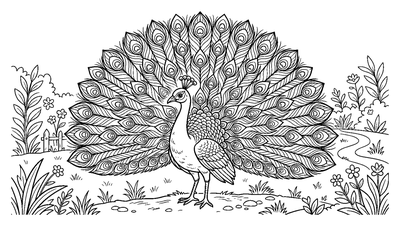 Página para colorear de Pavo Real Desplegando sus Plumas para imprimir