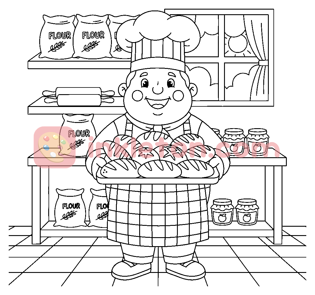 Página para colorir de A cozinha do mestre padeiro para imprimir
