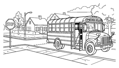 School Bus Parked on a Neighborhood Street coloring page to print