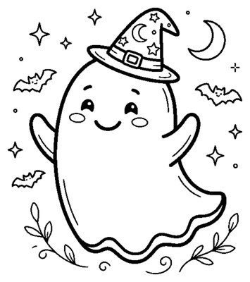 Página para colorear de Fantasma Lindo con Sombrero de Bruja para imprimir