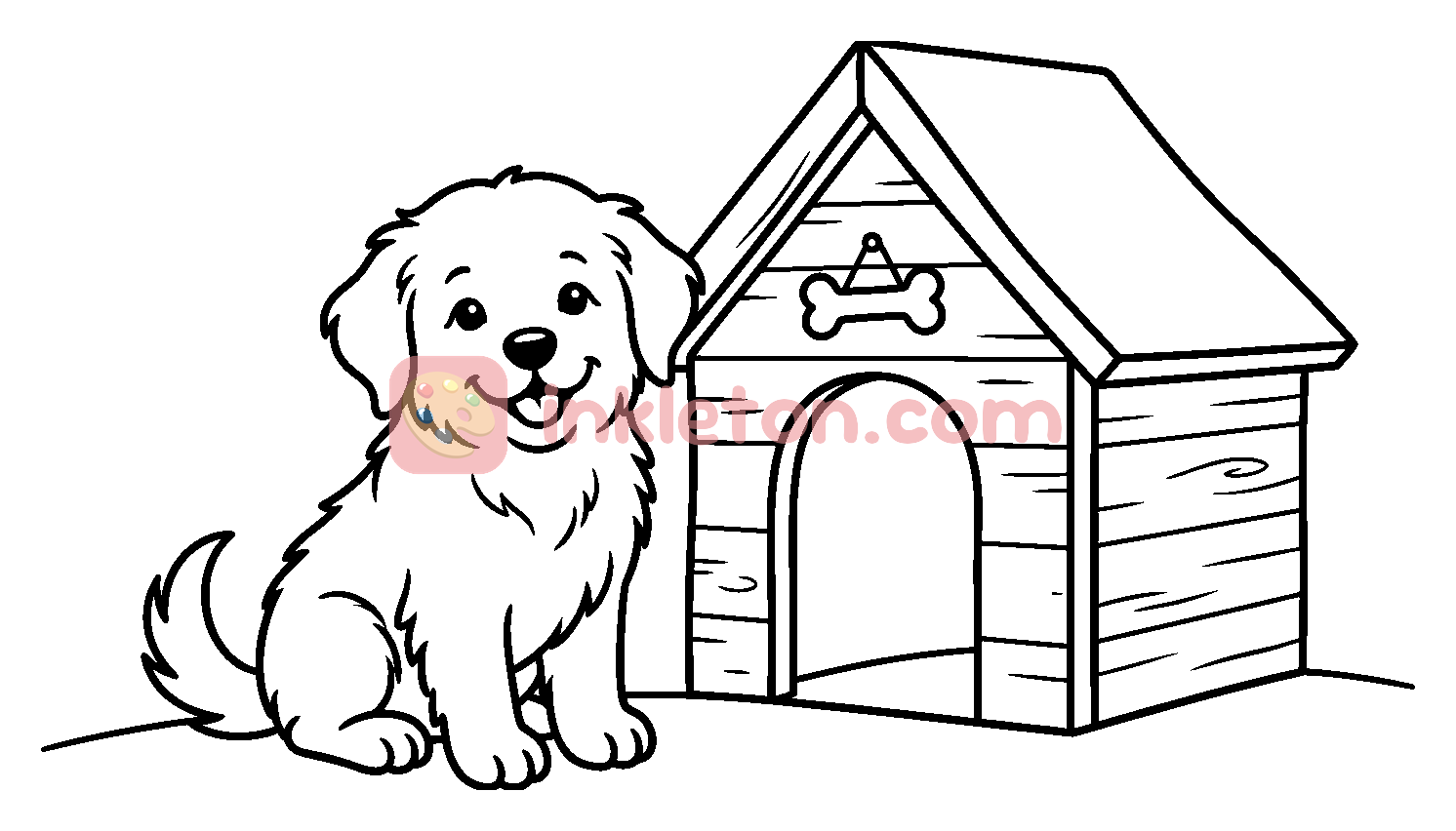 Página para colorir de Cachorrinho Feliz ao Lado de uma Casinha de Cão para imprimir