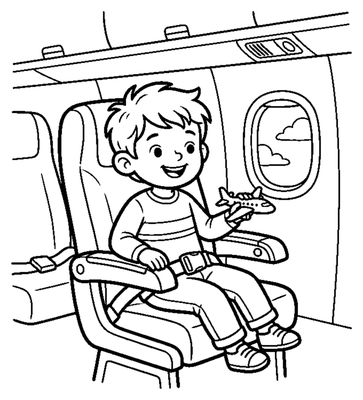Página para colorir de Rapaz Sentado num Avião com um Avião de Brinquedo para imprimir