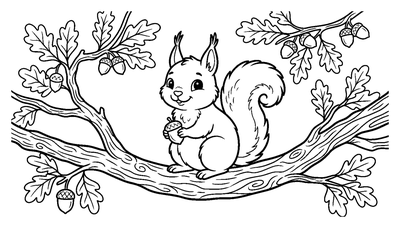 Cute Squirrel on an Oak Branch coloring page to print