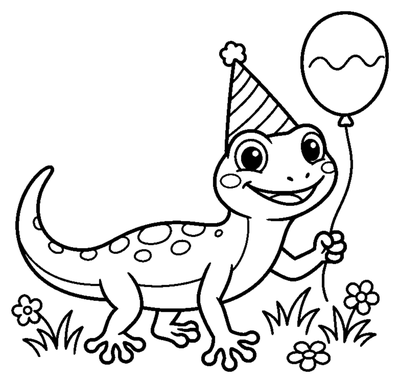 Gecko with a Party Hat and Balloon coloring page to print