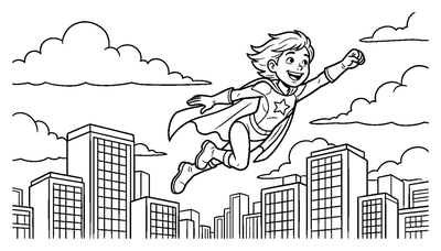 Kid Superhero Flying Over a City coloring page to print