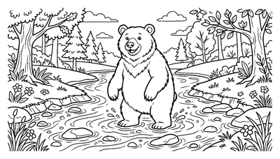 Página para colorear de Oso amigable en un arroyo del bosque para imprimir