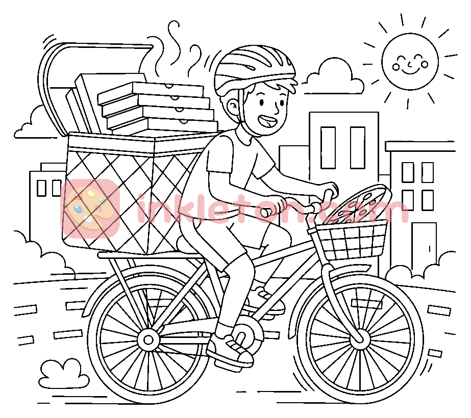 Den hurtige pizzabud-cykel farvelægningsside til print