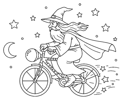 Troldmandens mystiske velocipede farvelægningsside til print