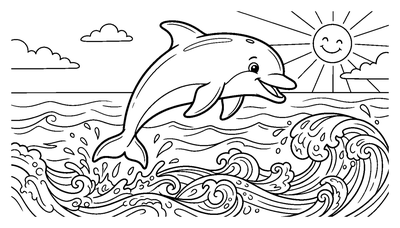 Page de coloriage Un dauphin qui saute par-dessus les vagues de l'océan à imprimer