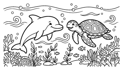 Dolphin and Sea Turtle Swimming in the Ocean coloring page to print