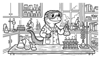 Lizard Scientist in a Chemistry Lab coloring page to print