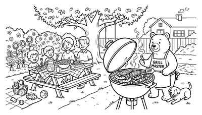 Friendly Bear Grilling for a Family Picnic coloring page to print