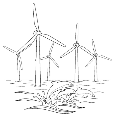 Ocean Wind Farm and Dolphins coloring page to print
