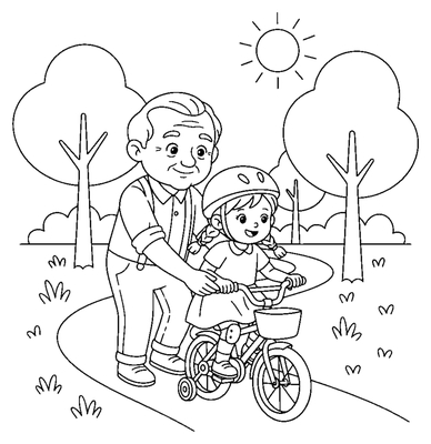 Grootvader leert kleindochter fietsen kleurplaat om af te drukken