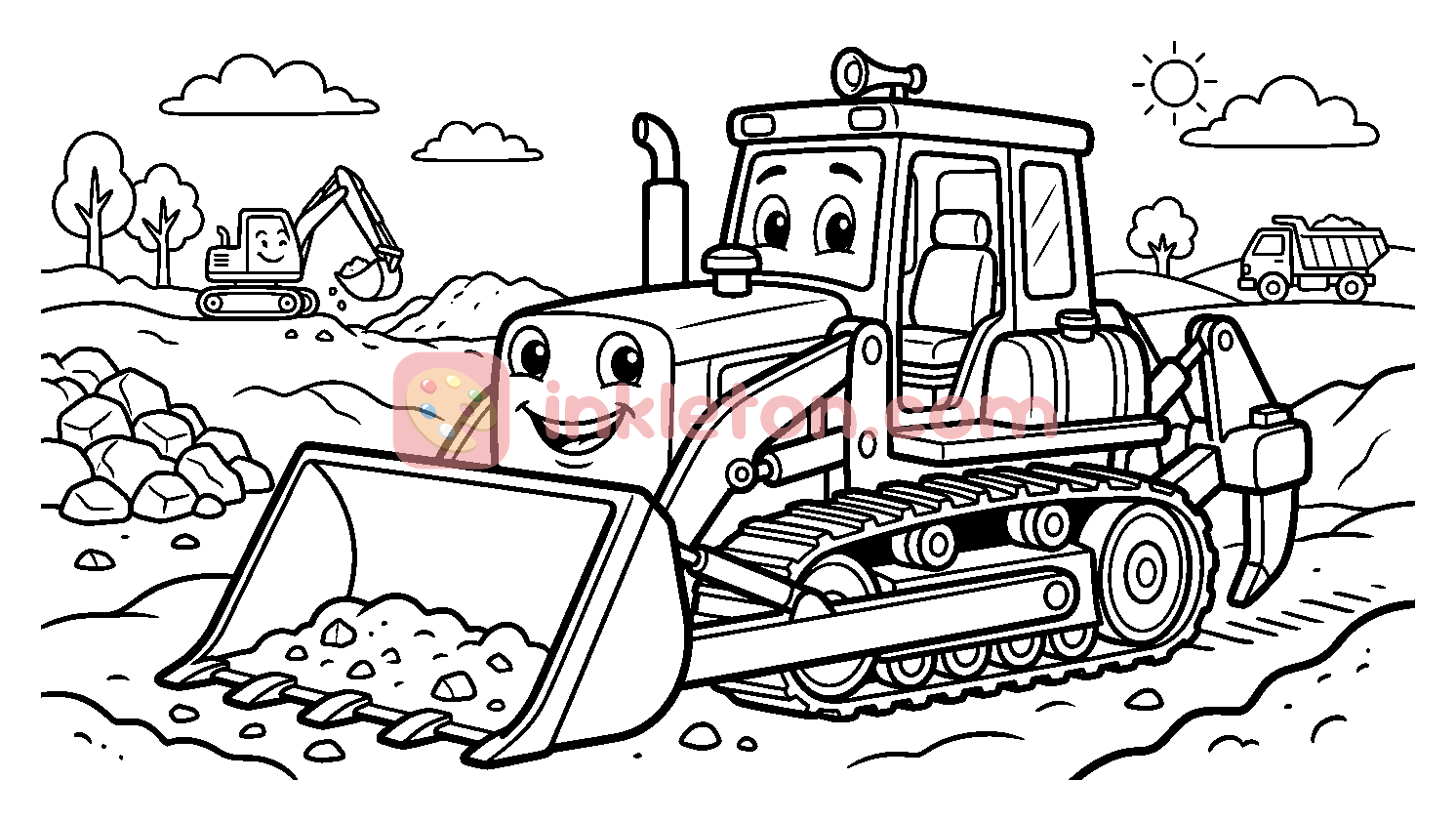 Omalovánka Přátelský buldozer na stavbě k tisku