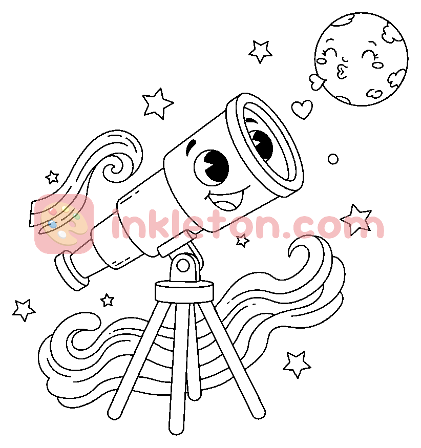 Página para colorir de Telescópio e Planeta Kiss para imprimir