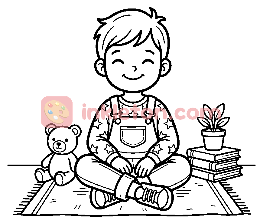 Smiling Boy Sitting on a Rug coloring page to print