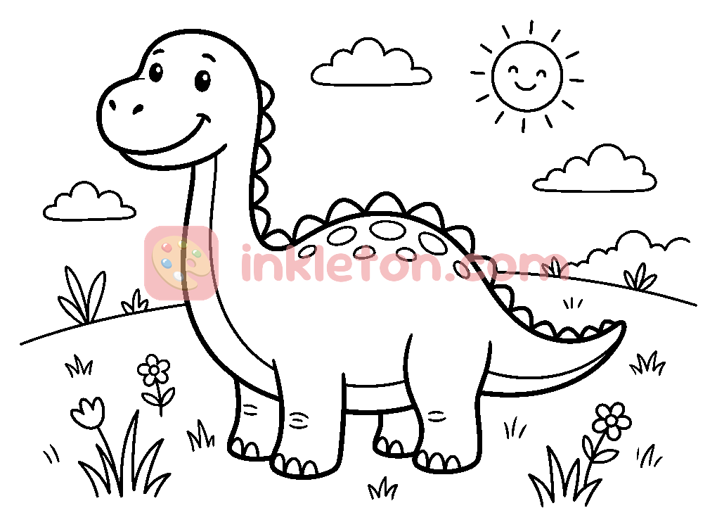 Friendly Dinosaur in a Sunny Field coloring page to print