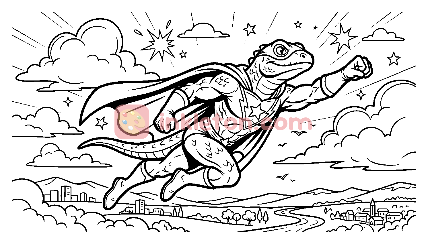 Flying Lizard Superhero Over a City coloring page to print