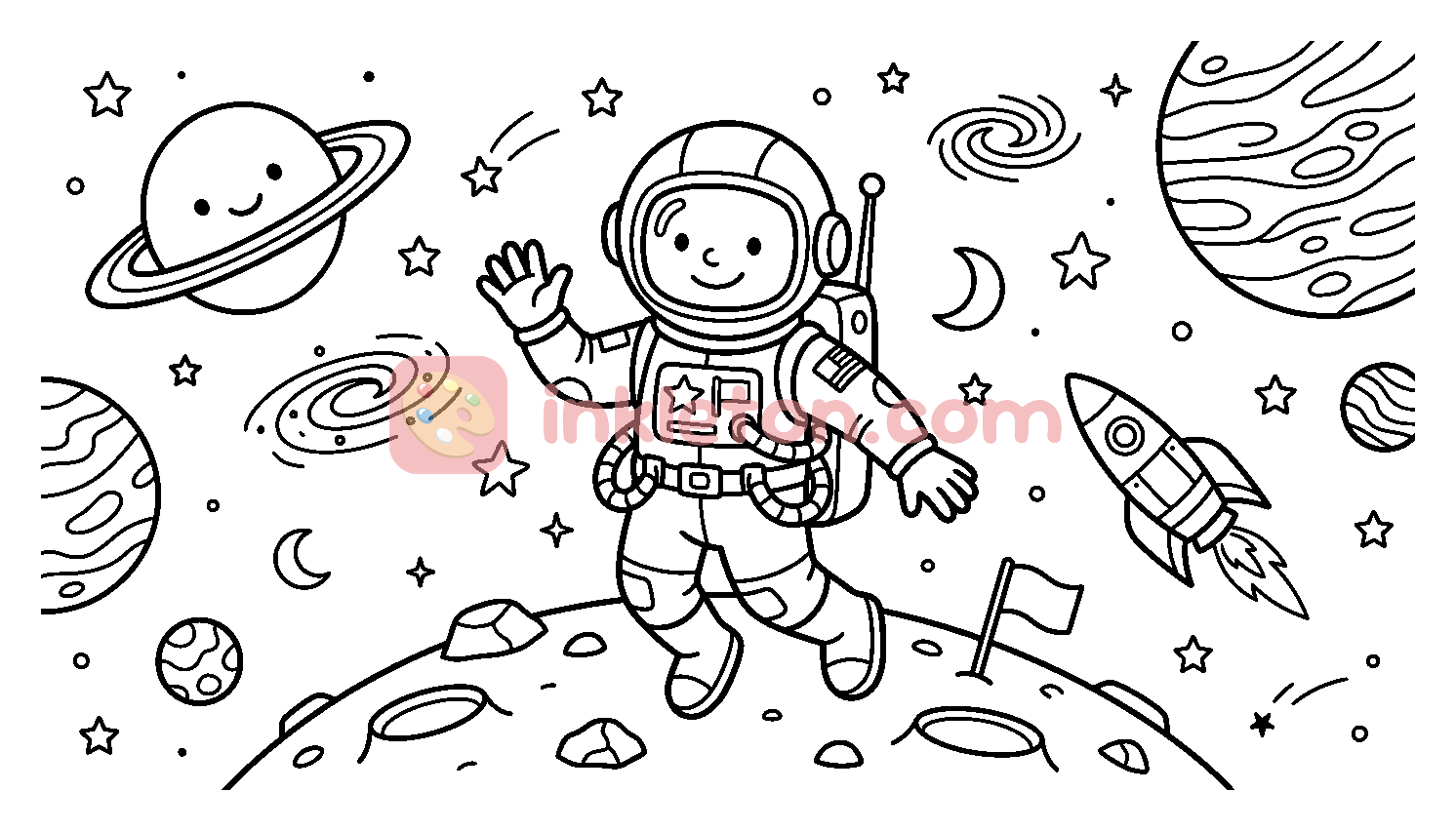 Página para colorear de Astronauta feliz flotando sobre la Luna para imprimir