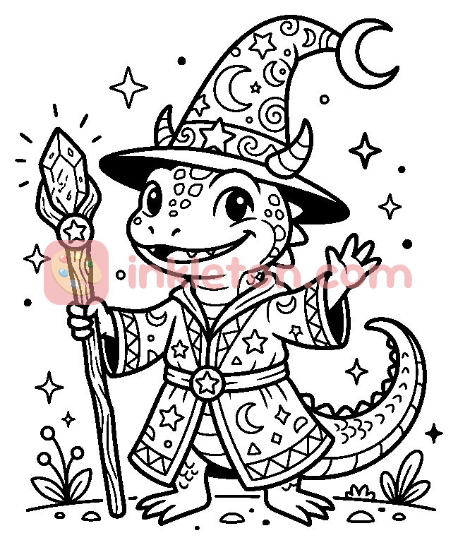 Cute Lizard Wizard with a Magic Staff coloring page to print