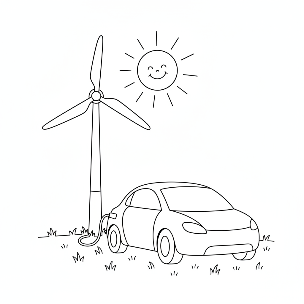 Omalovánka Nabíjení elektromobilu větrnou turbínou k tisku