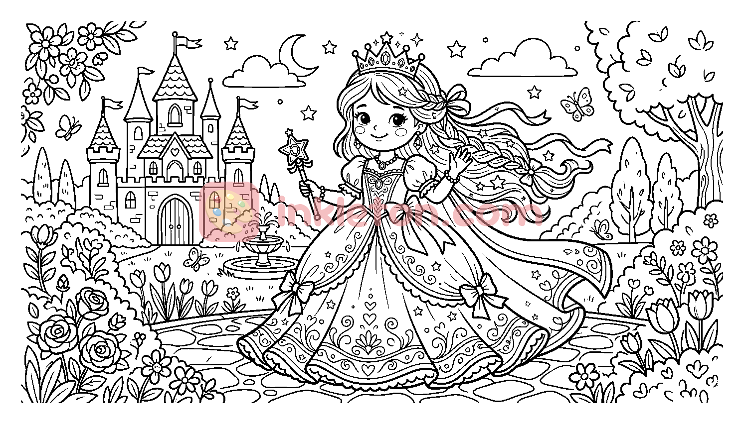 Página para colorear de Princesa mágica frente a un castillo para imprimir
