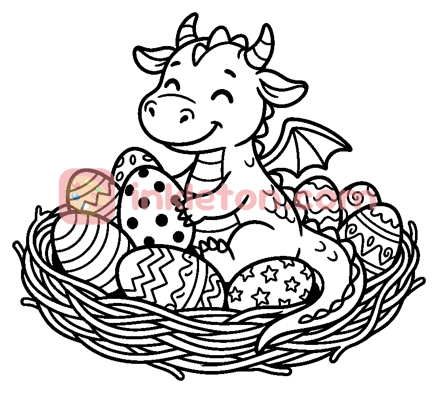 Página para colorear de Dragoncito bebé en un nido de huevos decorados para imprimir