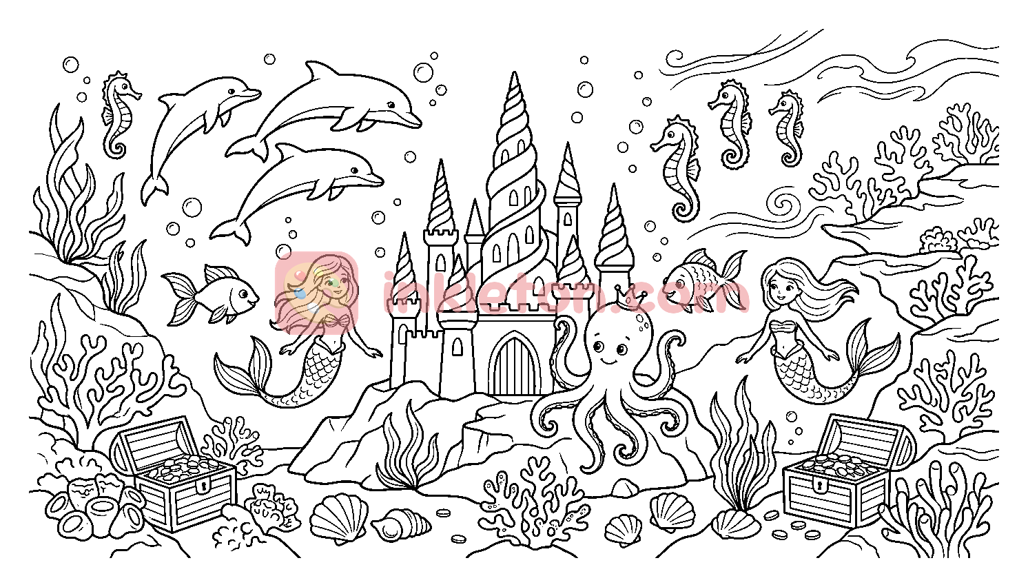 Unterwasserschloss mit Meerjungfrauen und Meereslebewesen Malvorlage zum Ausdrucken