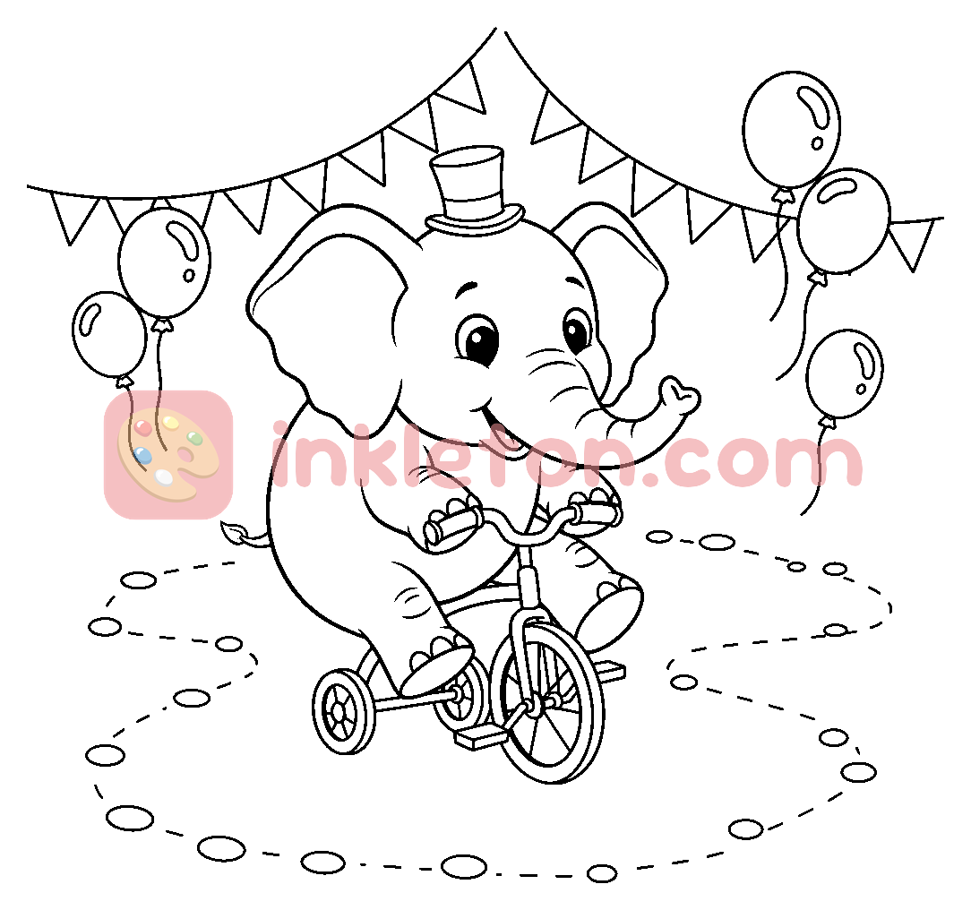 Página para colorear de Elefante en un pequeño triciclo para imprimir