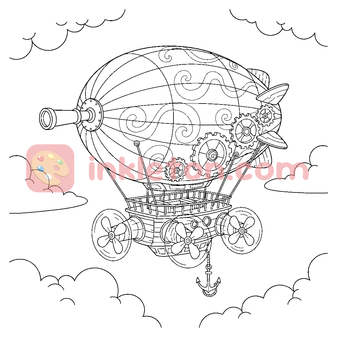 Página para colorir de Viagem num dirigível steampunk para imprimir