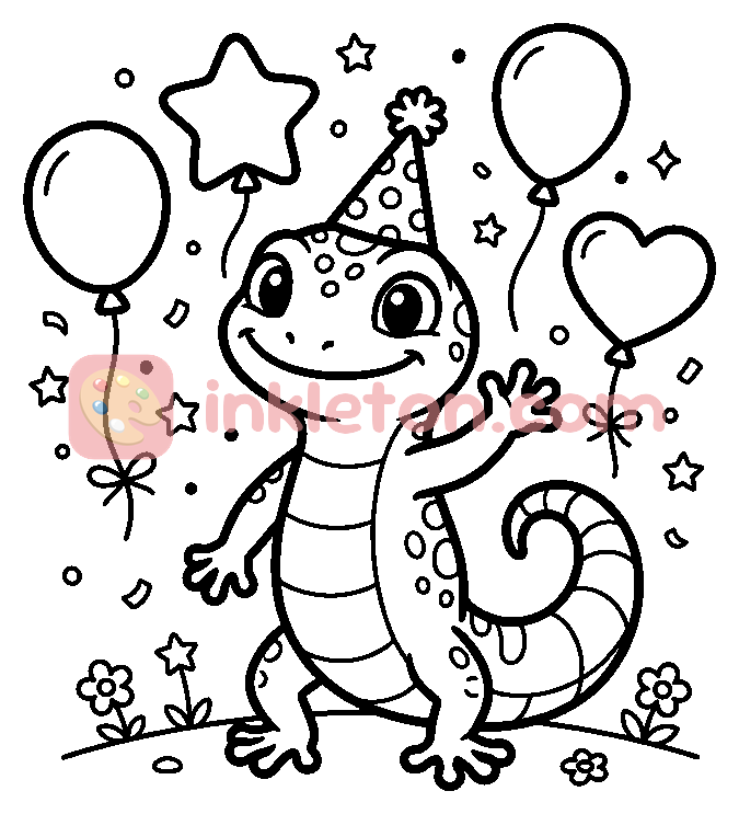 Happy Gecko with Party Balloons coloring page to print