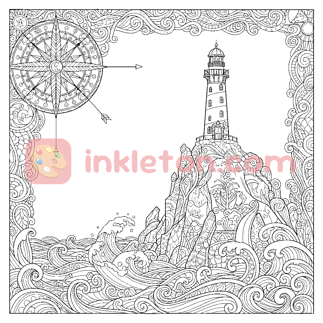 Lighthouse on Cabo da Roca Cliff with Compass Rose coloring page to print