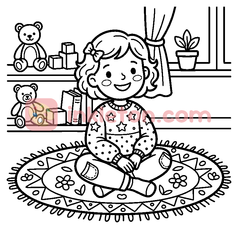 Little Girl Sitting on a Rug in Her Room coloring page to print